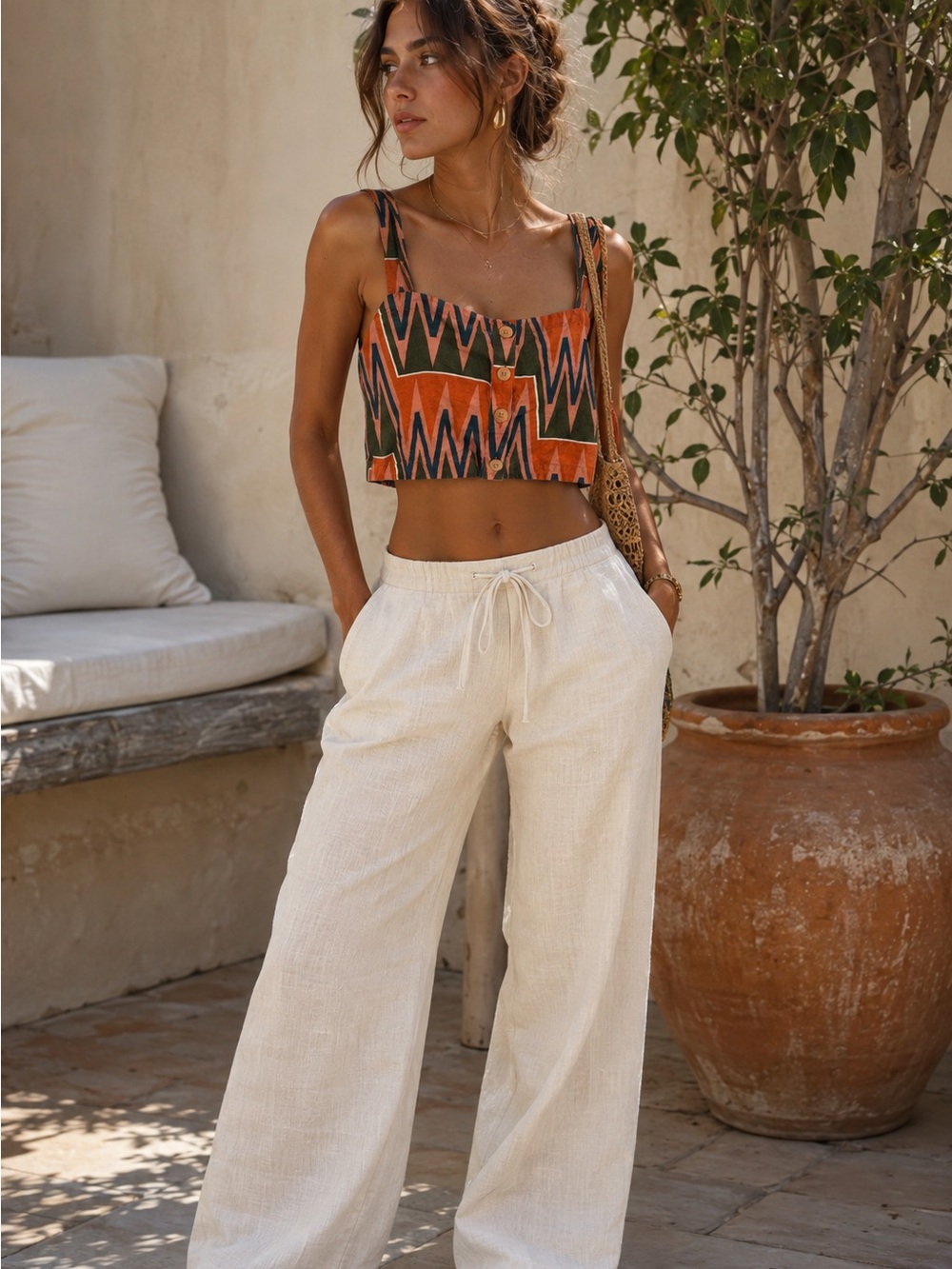 Veronica Beard Tiffany Geometric Linen Blend Crop Top Size XL